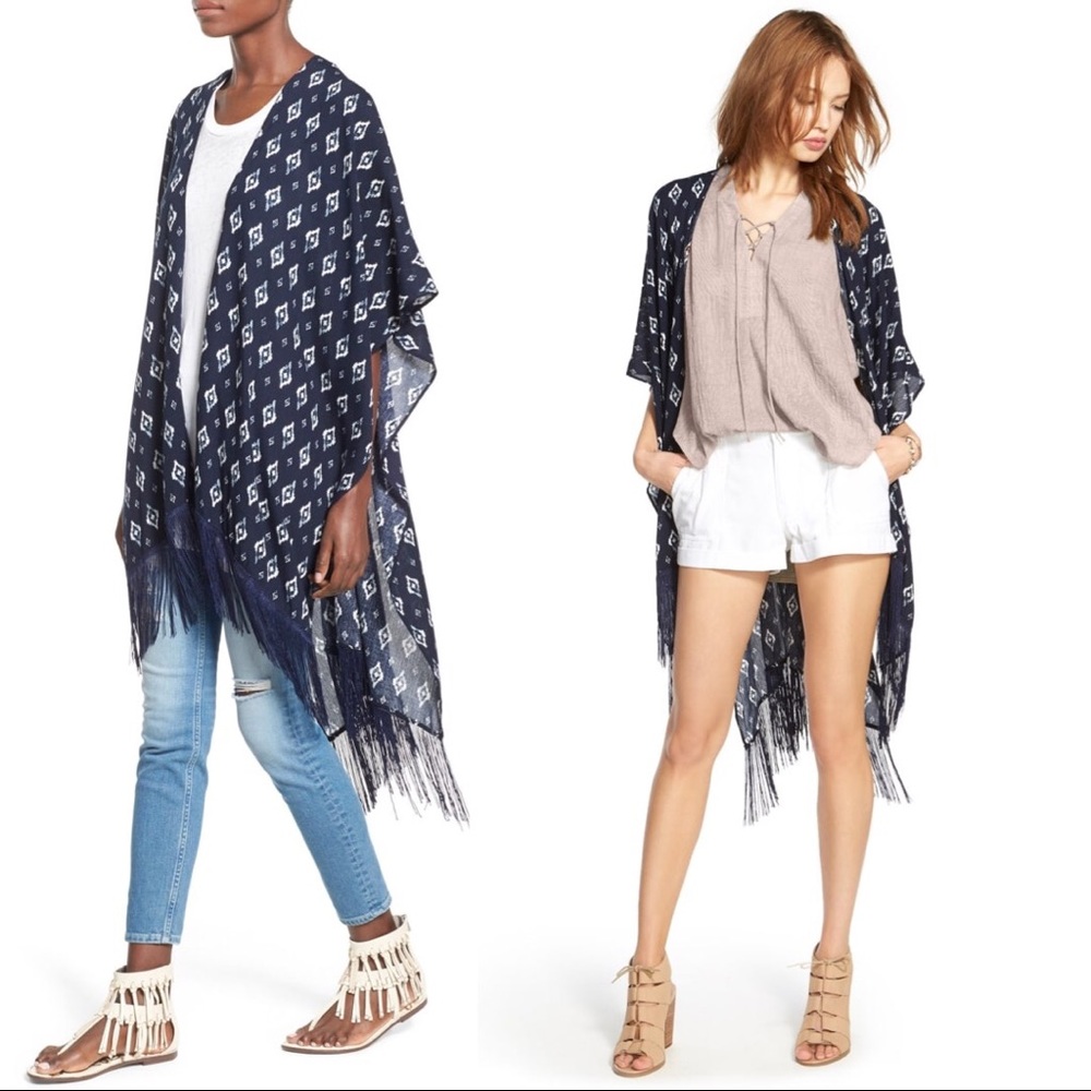 BP. Ikat Print Fringe Trim Poncho in Navy
